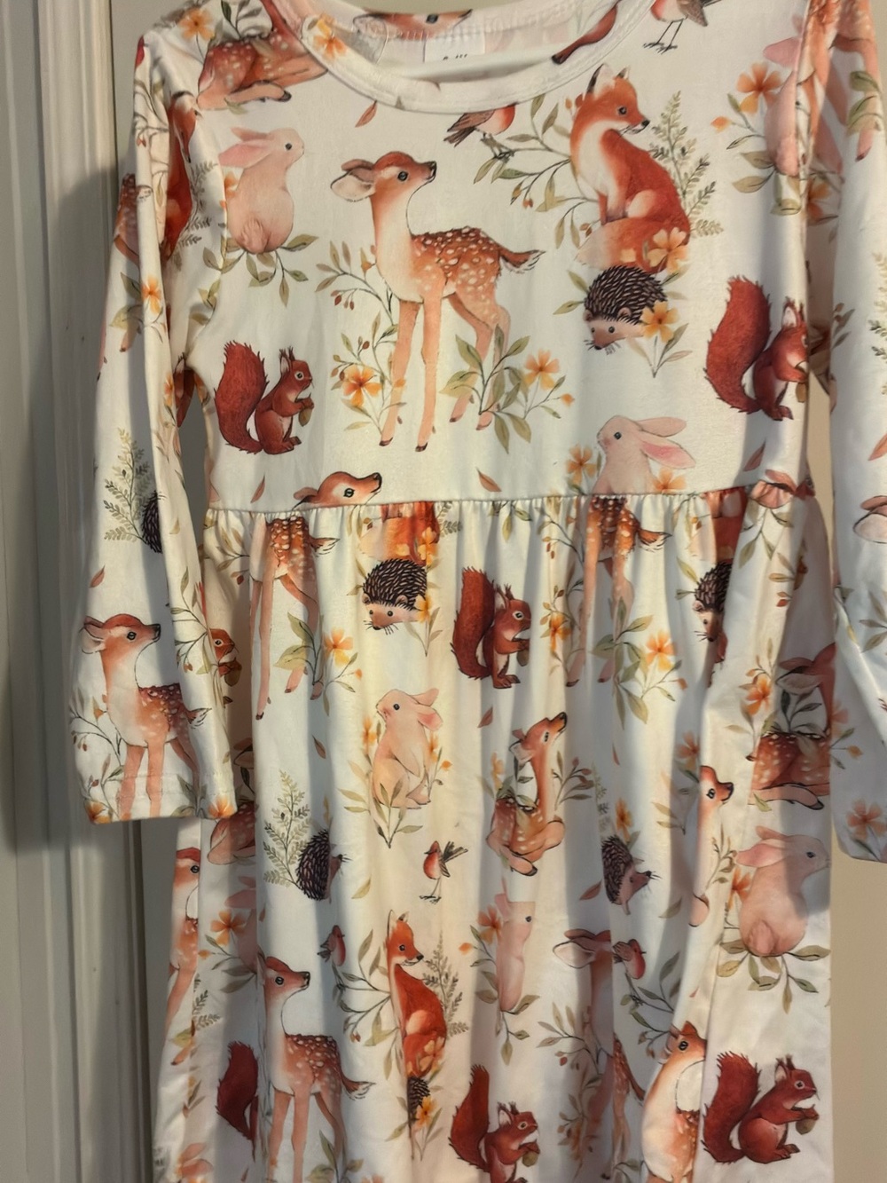 H&M White Long-Sleeve Woodland Animals Dress with Orange-Brown Accents